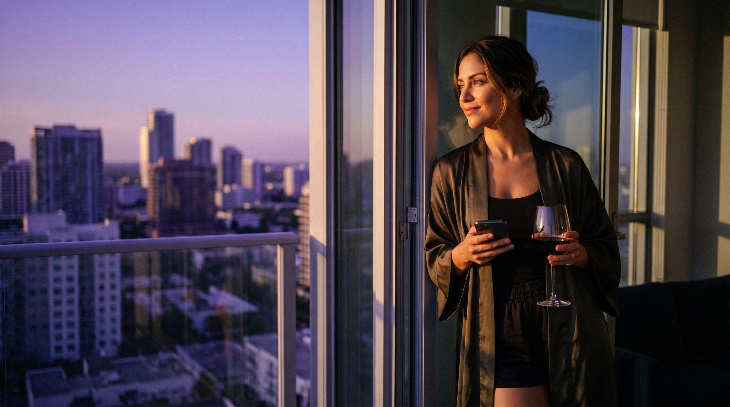 Mujer adulta en terraza ática al atardecer usando móvil para sexting verificado seguro