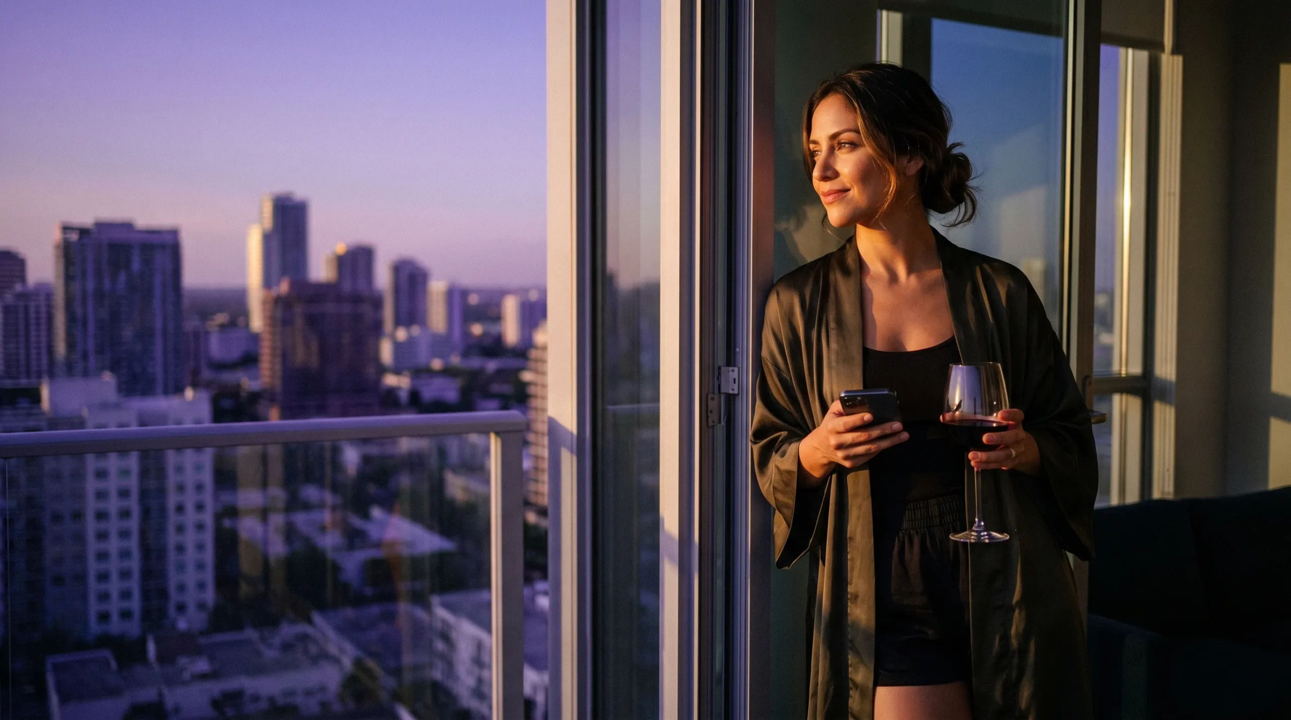 Mujer adulta en terraza ática al atardecer usando móvil para sexting verificado seguro