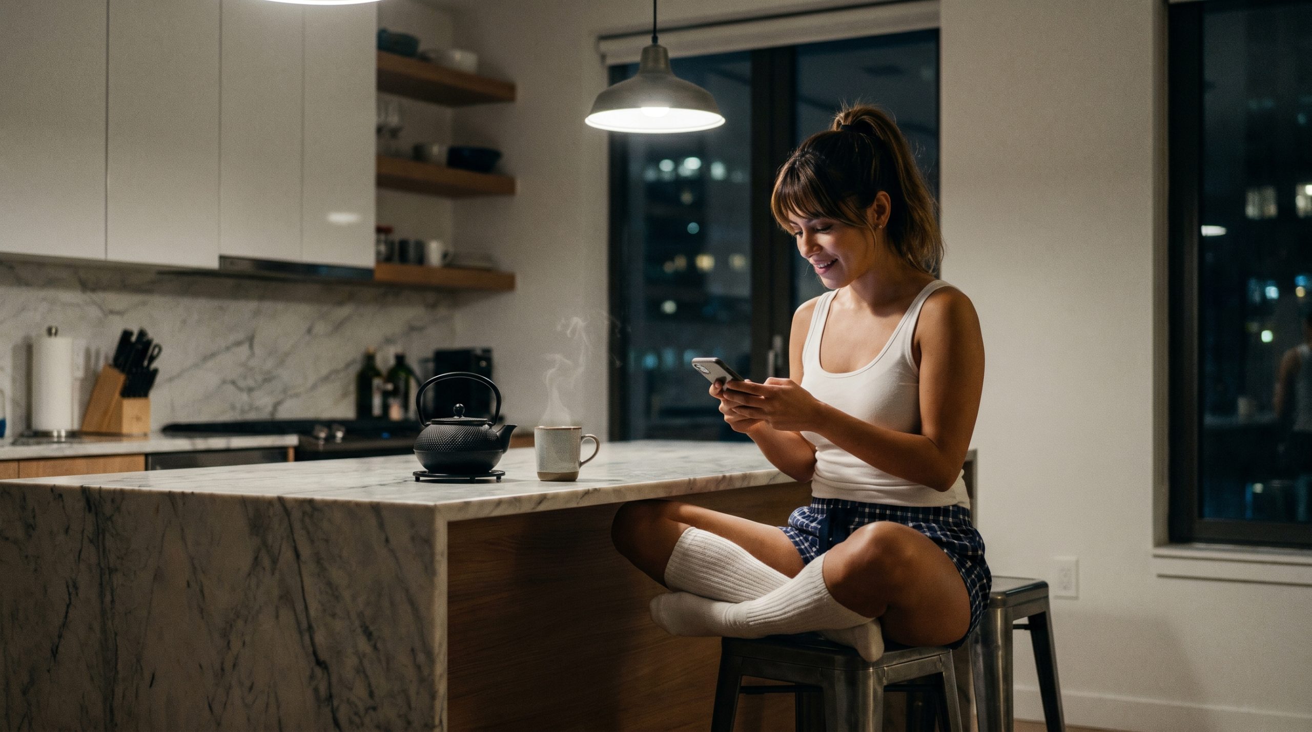 Mujer joven en cocina nocturna contactando con modelo verificada por plataforma profesional