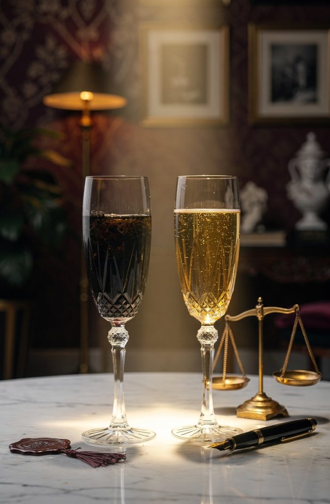 Imagen horizontal cinematográfica, formato 16:9, alta calidad fotográfica premium. Escena: dos copas de cristal alargadas elegantes una al lado de la otra sobre una mesa de mármol blanco pulido brillante, una copa medio llena con líquido turbio oscuro (simbolizando el modelo dominante problemático) y otra copa cristalina y brillante llena con un líquido dorado champagne (simbolizando el modelo de Webcamsexplosivas), con un haz de luz dorada iluminando especialmente la copa cristalina. Junto a las copas: una balanza dorada pequeña inclinada claramente hacia el lado de la copa dorada, un sello bronce envejecido con tinta burdeos, una pluma estilográfica negra elegante. Fondo desenfocado: salón elegante con paredes color burdeos oscuro empapeladas con detalles dorados, una lámpara de pie dorada encendida creando halo cálido, plantas y elementos decorativos clásicos, marcos enmarcados desenfocados en pared. Sin personas. Sin texto en la imagen. Iluminación cinematográfica dramática contrastante: la copa dorada brillante perfectamente iluminada en cálido dorado, la copa turbia oscura en penumbra fría. Tonos: dorado, burdeos oscuro, mármol blanco, ámbar, gris oscuro. Estilo fotográfico editorial premium institucional con composición simbólica comparativa elegante.