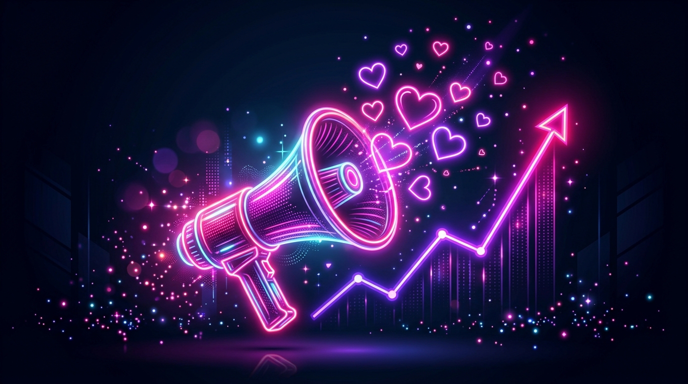 Megáfono de neón con corazones y gráfica ascendente, marketing para webcamers