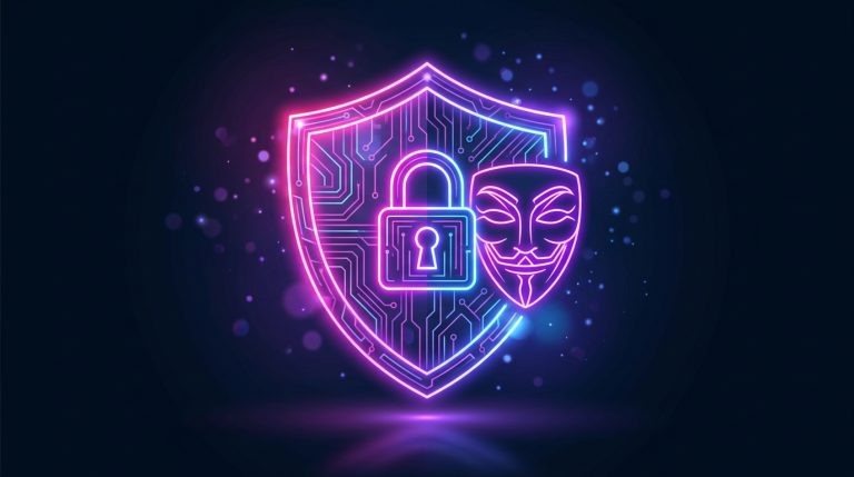 Escudo con candado y antifaz de neón, privacidad y anonimato online