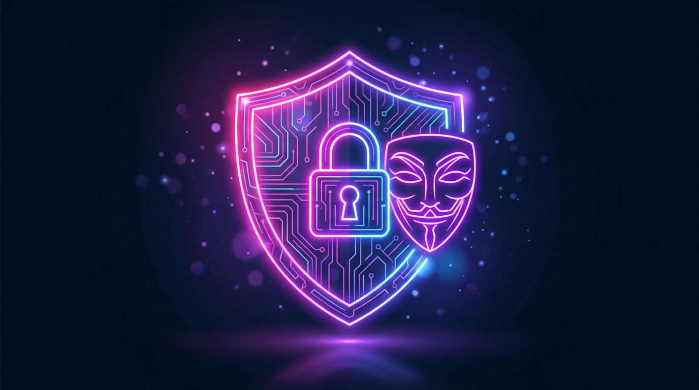 Escudo con candado y antifaz de neón, privacidad y anonimato online